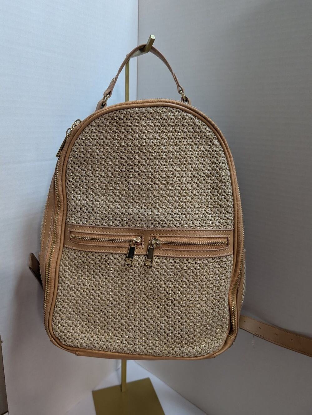 Tommy Bahama Raffia Straw Woven Mini Backpack Tan Faux Leather Trim Gold Tone